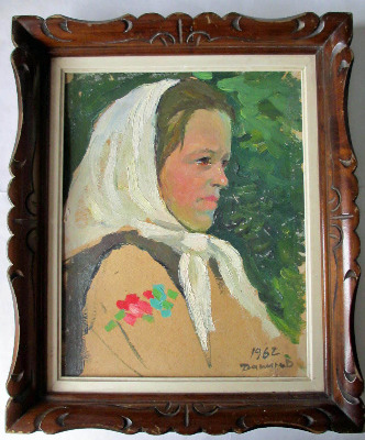 Portrait of a lady with head-scarf, signed V. Dashkov, oil on card. Russian