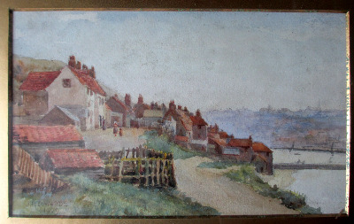 Whitby, cottages overlooking the harbour, watercolour on paper signed J.R.