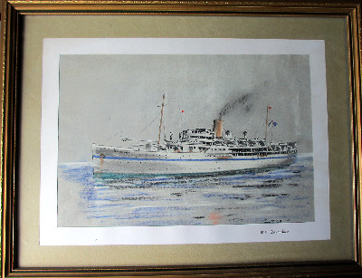 M.S. Devonshire, Bibby Line passenger ship, pen,ink and pastel drawing sign