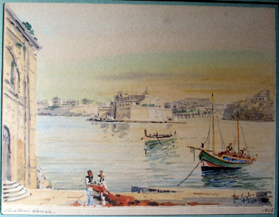 Custom House, Valletta, with a sandy sky, signed Jos. Galea 1955. SOLD.