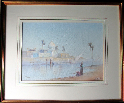 Arabian River Scene with Figures, signed R. Cooper, watercolour. c1900.