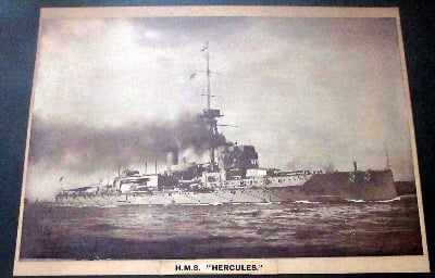 H.M.S. Hercules, sepia toned photograph. Framed and glazed. c1917.