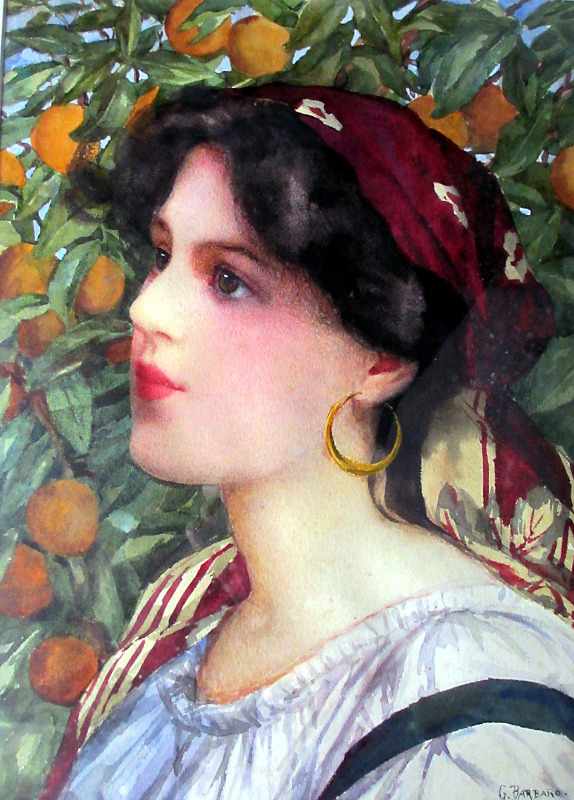 Watercolour on paper portrait study entitled Mediterranean Maiden signed G. Barbaro. c1900.