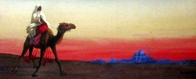 Camel rider with a mosque beyond, watercolour and bodycolour, signed Giovanni Barbaro. c1898.