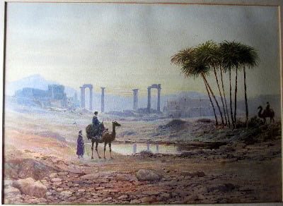 North African Oasis, watercolour on paper, signed John Wilson Hepple, 1915.