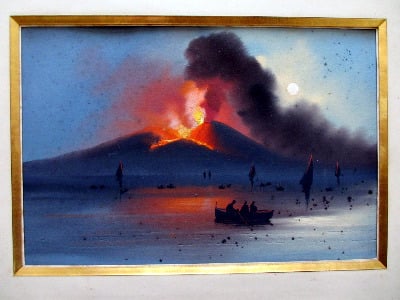 Vesuvius Eruption, Neapolitan School, gouache on paper, unsigned. c1906.