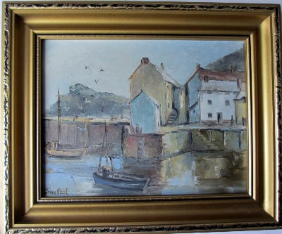 Polperro Harbour, Cornwall, signed Joan Peet. c1980.