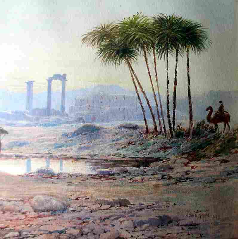 A North African Oasis with figures and ruins signed by John W Hepple 1915.