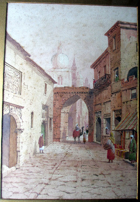 Arabian Street Scene with Figures and Camel, watercolour on paper, signed A
