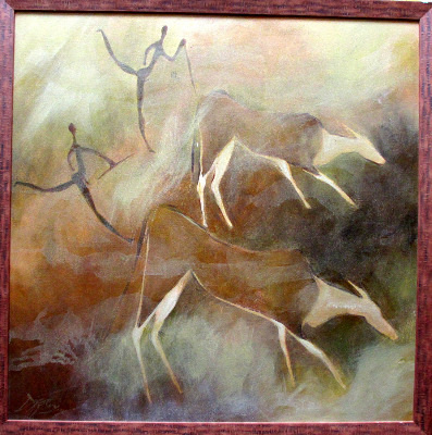 The Eland Hunt, South African ethnic art, acrylic on board, indistinctly si