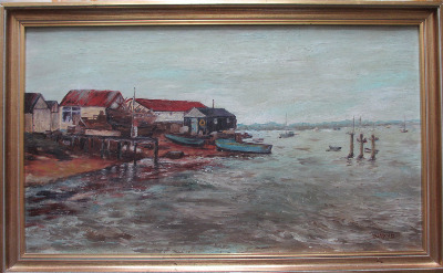 Boat-yard on the Estuary, oil on board, signed P.M. Arnold, c1980