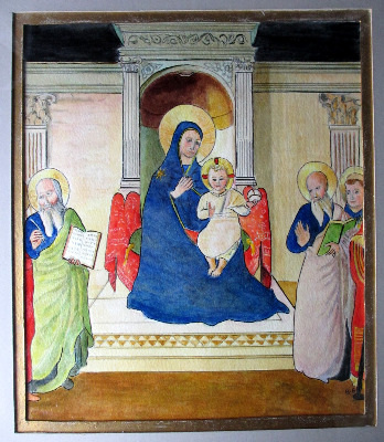 Madonna and Child with Saints, oil on board, signed monogram B.S., 20th Cen