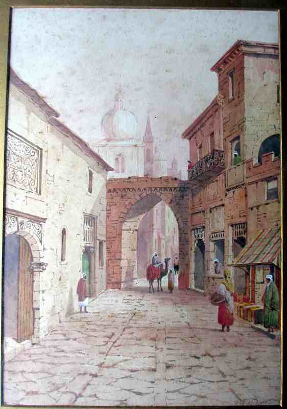 An Arabian Street Scene with Figures and Camel, watercolour on paper, signed A. Lewis, 1901. Framed and glazed.