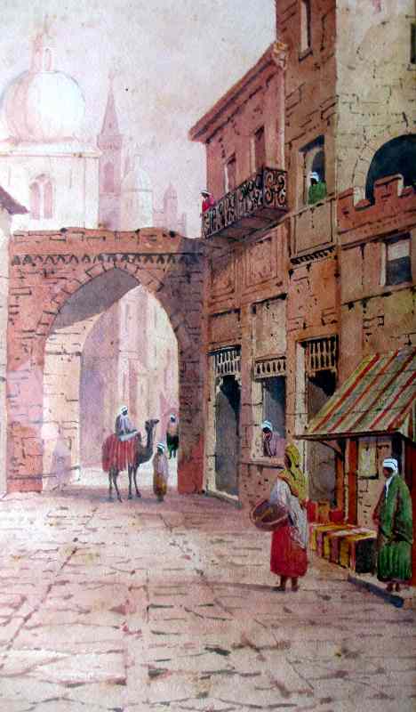 An Arabian Street Scene with Figures and Camel, watercolour on paper, signed A. Lewis, 1901. Framed and glazed. Detail.