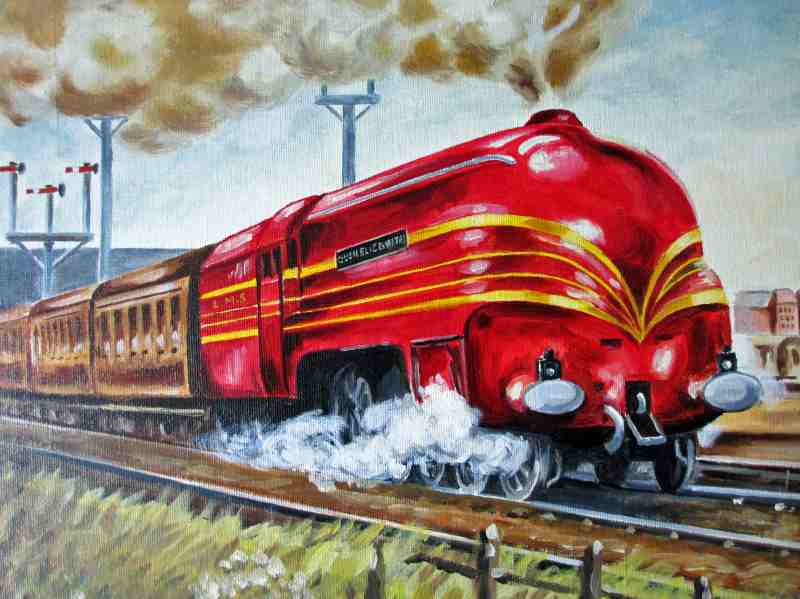 LMS Coronation Class 7P 4-6-2 Queen Elizabeth 6221, oil on board, signed B.S. Goldbly, 1987. Detail.