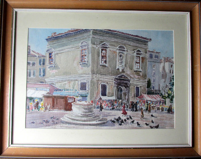 A Venice Street Market, watercolour on paper, signed A.O. Lamplough, c 1920