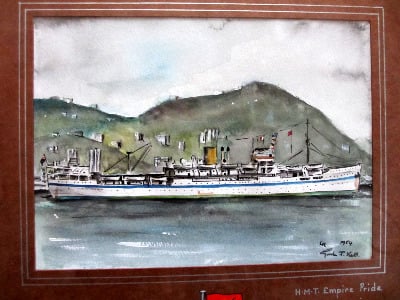 HMT Empire Pride, pen, ink and watercolour on paper, signed Gordon T. Kell,