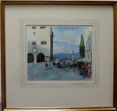 Cafe scene in Todi, Perulgia Province, Italy, watercolour, signed Trevor St