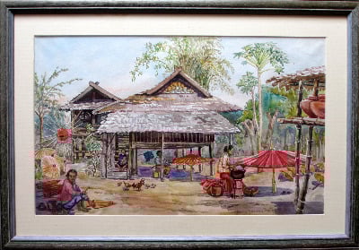 Chiang Mai, Thailand, Umbrella Makers' Village, watercolour on paper, sign