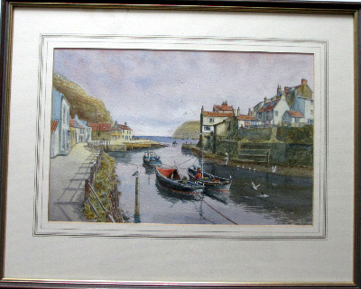 Rooftops, Staithes, watercolour on paper, signed Sam Burden. c1985.