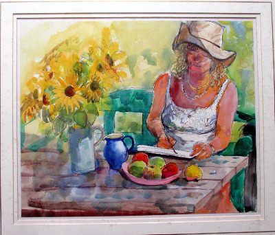 Valerie painting sunflowers, watercolour and pastel on paper, signed Stuble