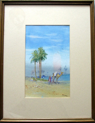 Arabian landscape with figures, watercolour and gouache on paper, signed F.