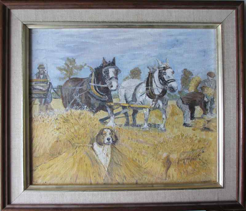 Harvesting, oil on board, indistictly signed. c1980.