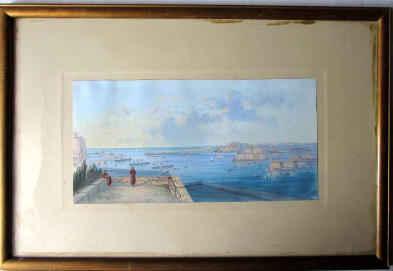A triptych of Maltese Harbour Views, gouache on paper, signed D'Esposito.
