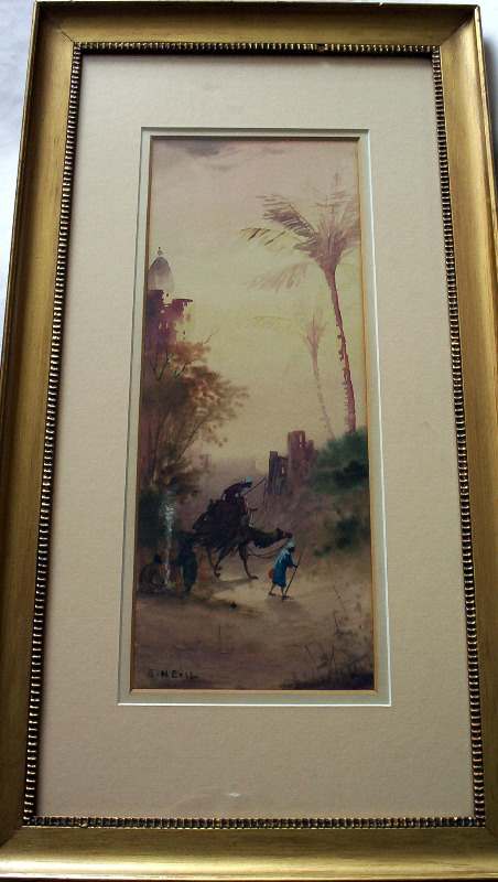 Arabian Scene with Figures and Camel, watercolour on paper, signed E. Nevil, c1890. 