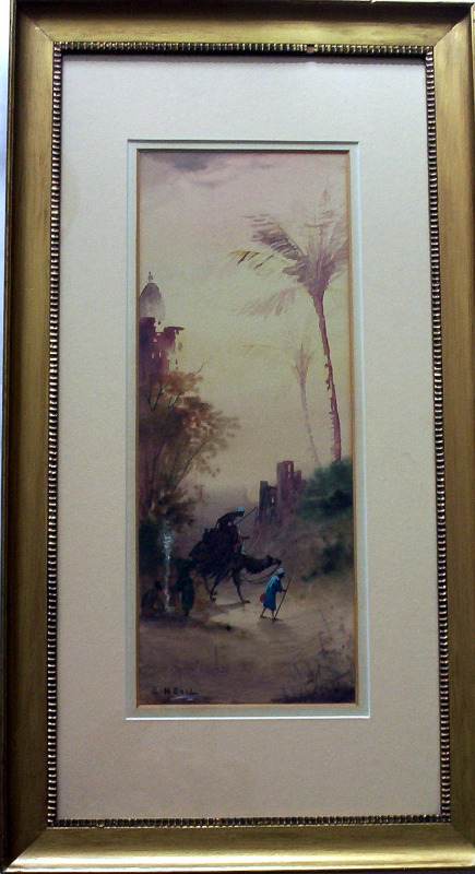 Arabian Scene with Figures and Camel, watercolour on paper, signed E. Nevil, c1890.