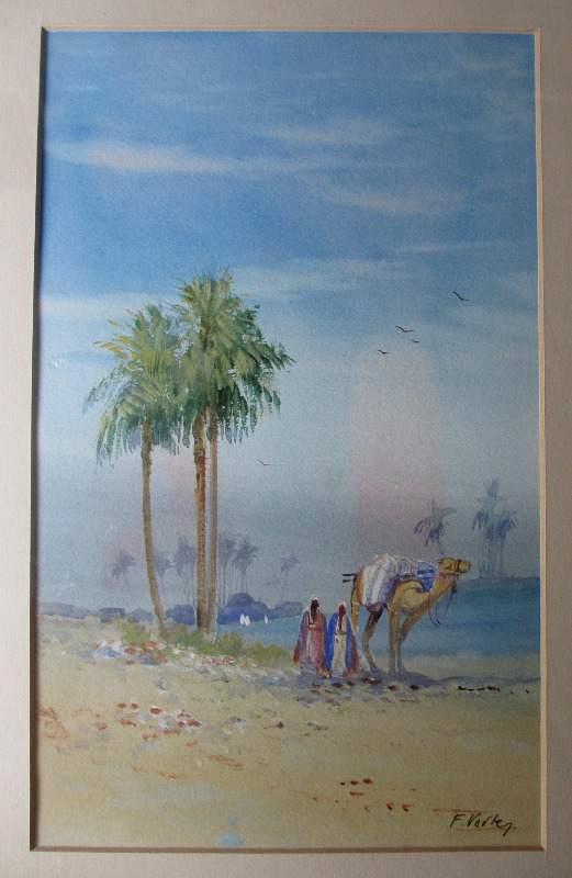 Arabian Landscape with Figures, watercolour and gouache on paper, signed F. Varley, c1905. Detail.