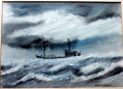 Coaster, in heavy seas off Cumbria, watercolour and gouache on paper, signe