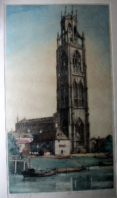 Saint Botolph's Church Boston, (Boston Stump), coloured etching, signed J.