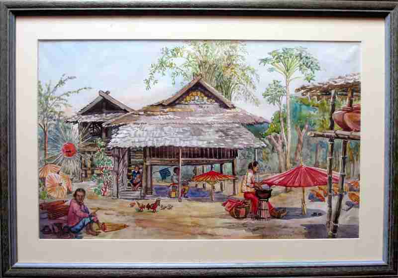 Chiang Mai, Northern Thailand, Umbrella Makers' Village, watercolour on paper, signed Anne Dorrien Smith. c1950.