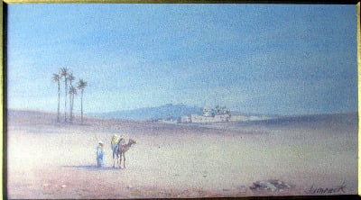 Lone Traveller with Camel, watercolour and gouache on paper, signed Jamrack