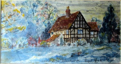 The Old Manor Kenilworth, watercolour on paper, signed C Milner Sept. 1942.