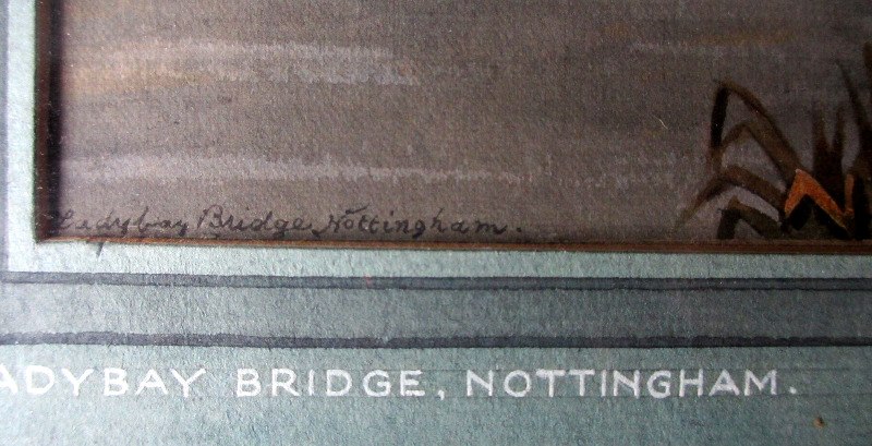 The Old Bridge, Lady Bay, Nottingham, watercolour, pen and ink on paper, signed Wm. Fred Austin, c1870. Detail.