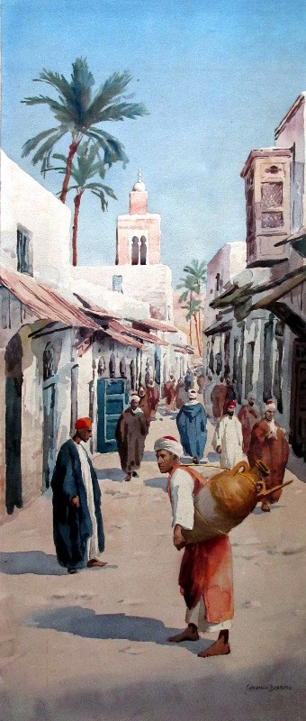 Egyptian Street Scene with Water-carrier, watercolour on paper pasted to acid-board, signed Giovanni Barbaro. c1900.
