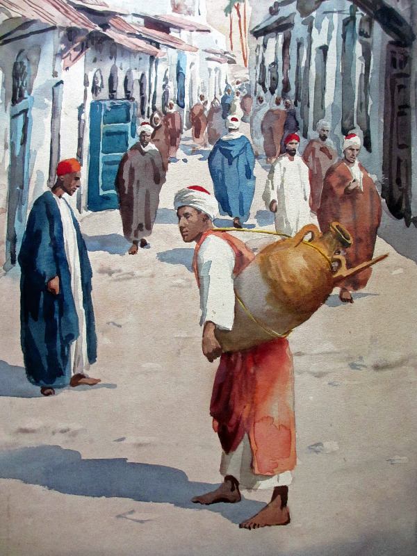 Egyptian Street Scene with Water-carrier, watercolour on paper pasted to acid-board, signed Giovanni Barbaro. c1900. Detail.