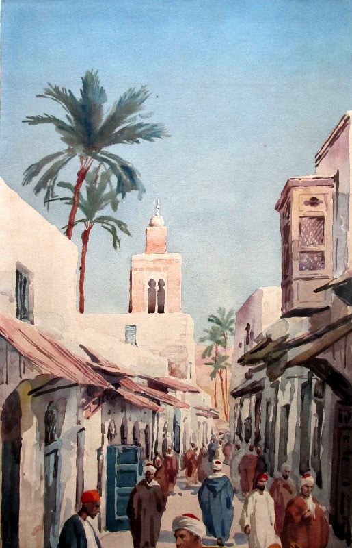 Egyptian Street Scene with Water-carrier, watercolour on paper pasted to acid-board, signed Giovanni Barbaro. c1900. Detail.