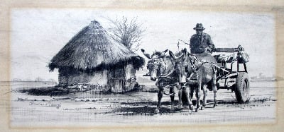Rural Scene with Donkey Cart, graphite on paper, signed Sebastian Siebert,