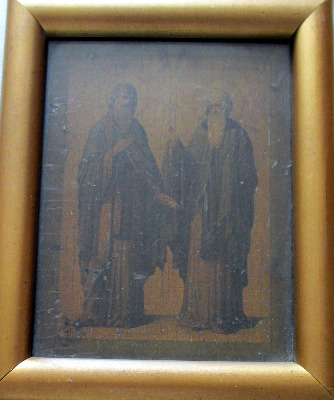 Iconic Study of Two Saints, oil on vellum laid to panel, 19th C Eastern Ort