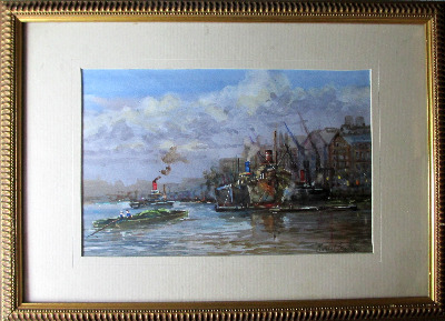 River Thames, Billingsgate, watercolour signed Michael Crawley, c1980.