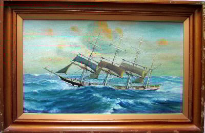 Clipper Ship in Following Sea, oil on board, signed P.E. George. c1950.