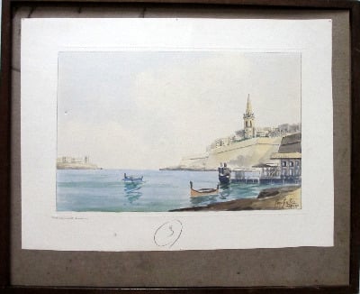 Marsamuxett Harbour, Malta, watercolour on paper, signed Jos. Galea Malta.