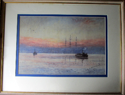 Steam Ferry Boats Passing on the River, watercolour on paper, signed G.E. G