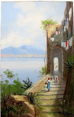 Coastal View Bay Of Naples With Vesuvius Gouache On Paper