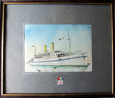 H.M.T. Empire Windrush, watercolour on paper, signed G. Kell 53. SOLD 29.
