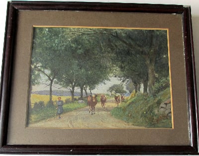Lady cowherd taking cattle to field, watercolour on paper, c1950. SOLD.