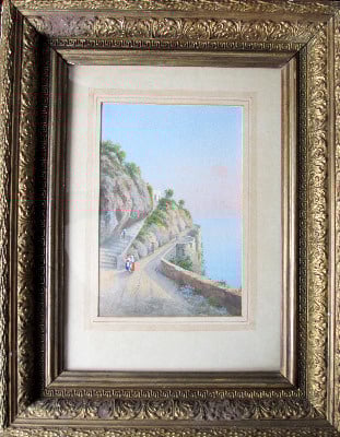 Italian Coastal Scene, Bay of Naples, gouache on paper, signed Riva. c1900.